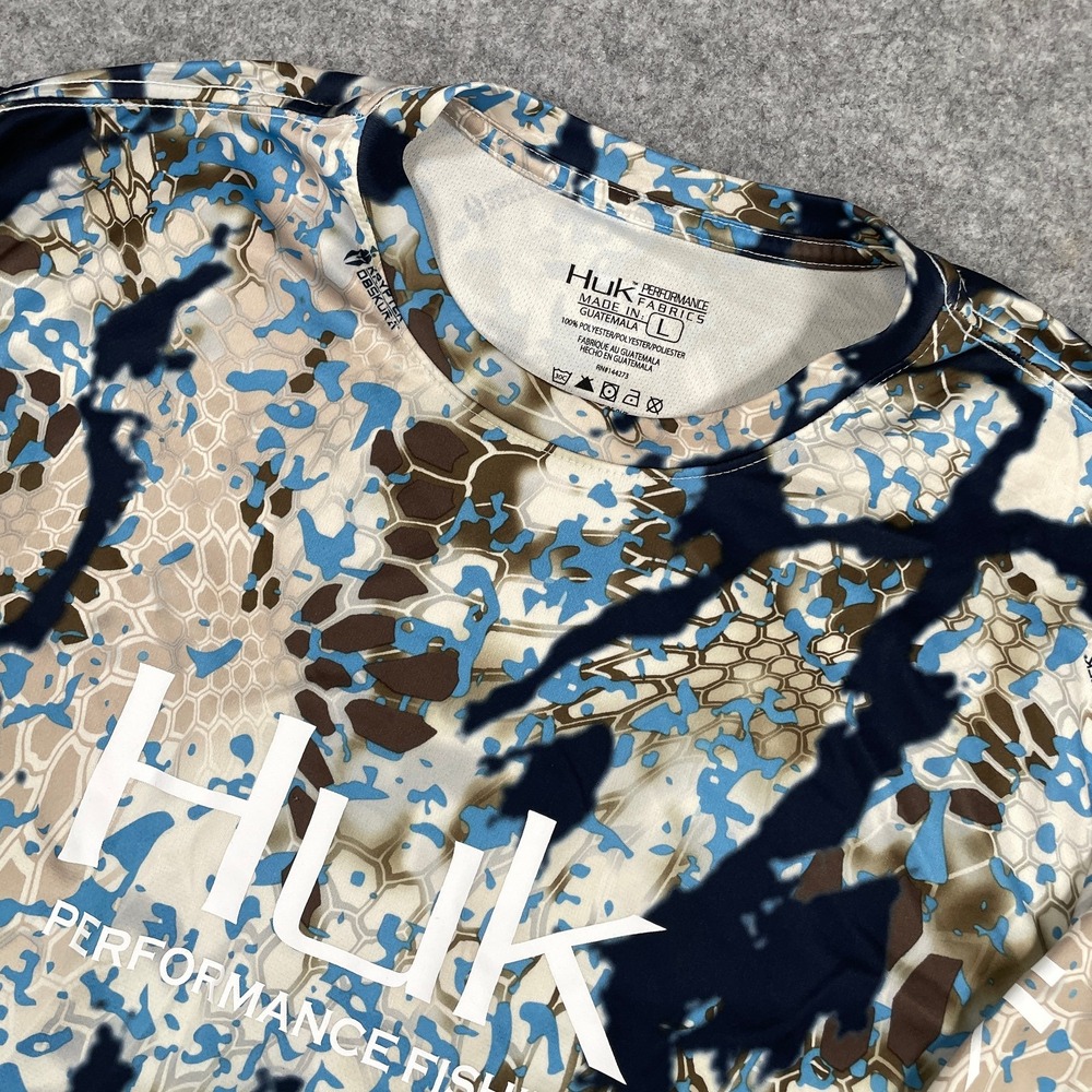Huk Mens Performance Fishing Shirt L Blue Kryptek Obscura Camo Mesh Back